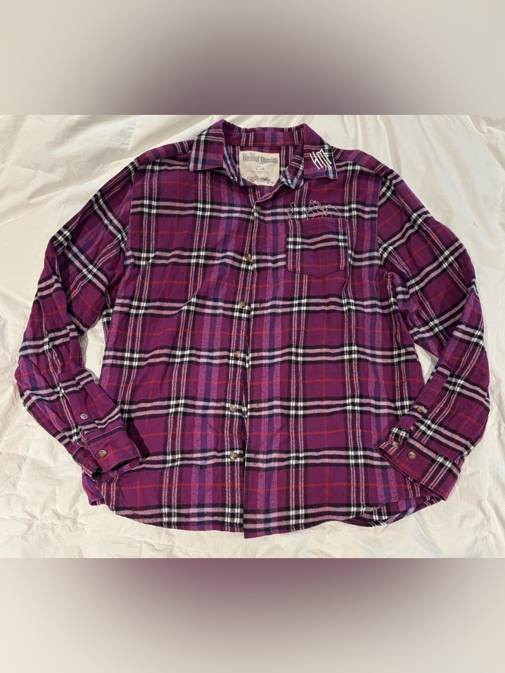 Cakeworthy Disney Haunted Mansion Hitchhiking Ghosts Flannel Purple Plaid Large
